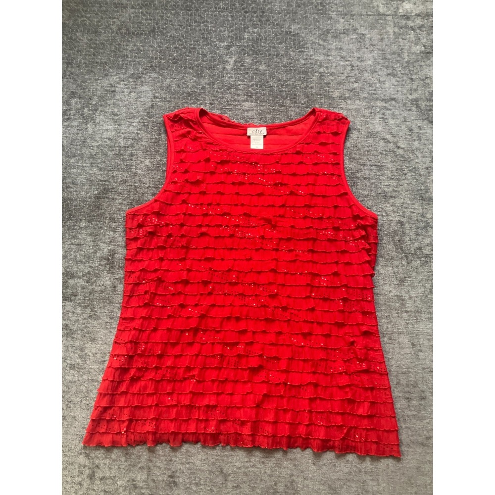Creative Design Works CDW Blouse Womens XL Red Stretch Ruffled Sequin Sleeveless